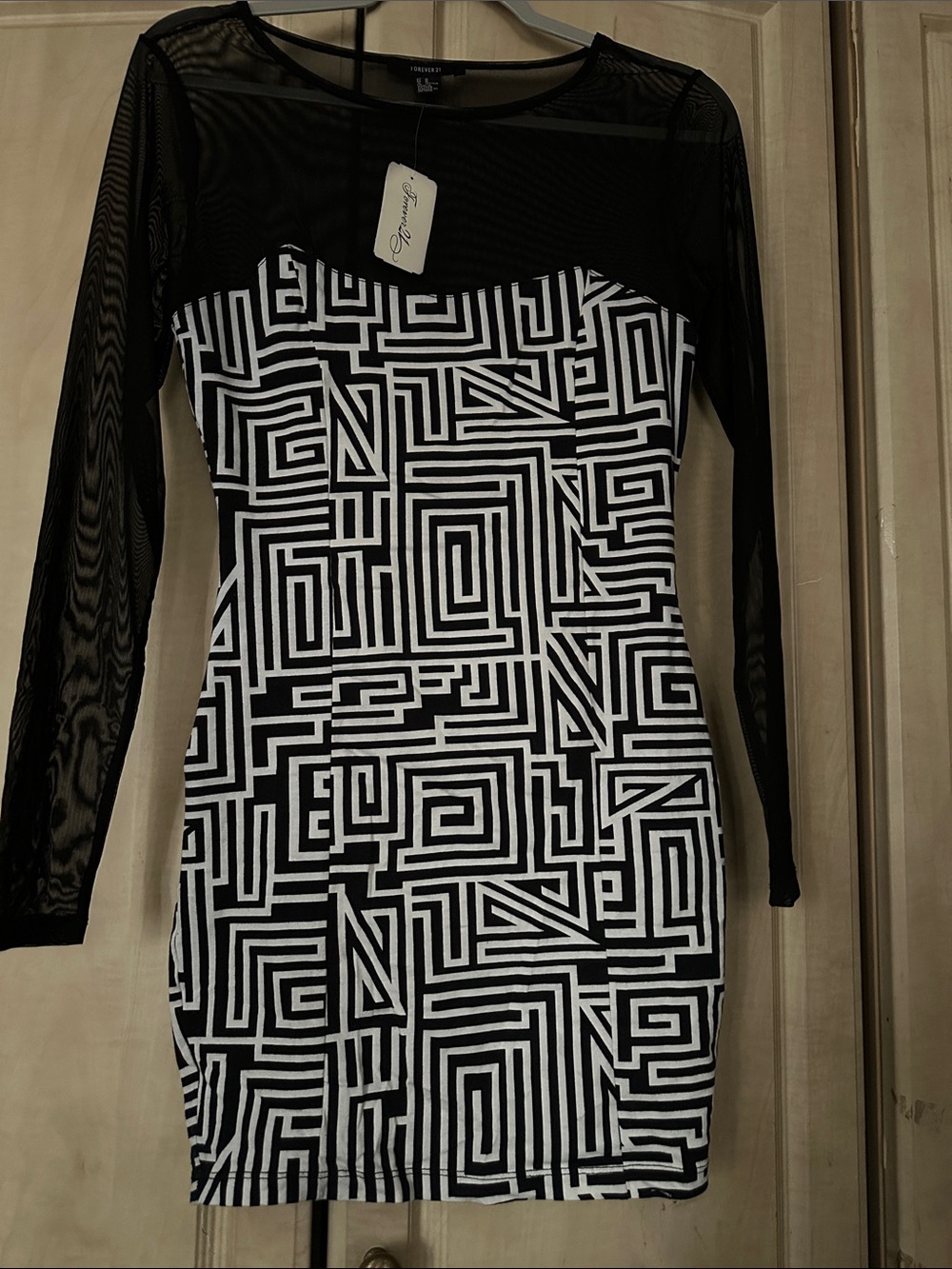 Fitted Black & White Geometric Mesh Sleeve Dress